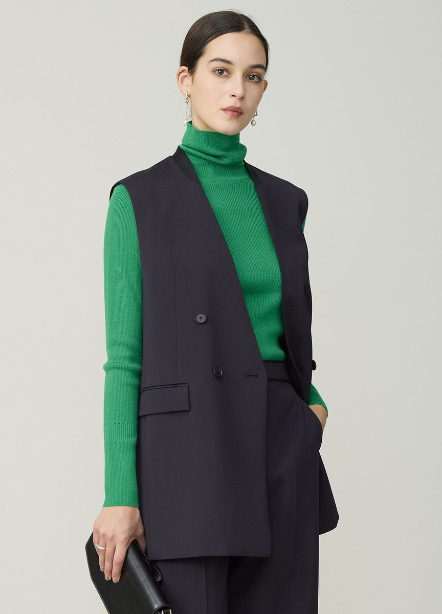 仿羊毛微光澤無領西裝背心